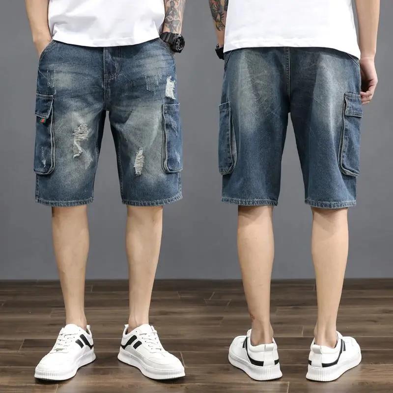 Summer Thin Five-point Jeans Men's Loose Multi-pocket Men's Casual Ripped Shorts