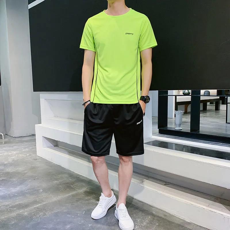 Ice Silk Suit Men's Summer Loose Large Size Casual Sports Suit Men's Short-sleeved T-shirt Five-point Pants Suit Men's