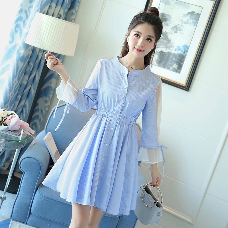 Pofulove women Flared sleeve striped shirt dress summer button A-line above knee dress