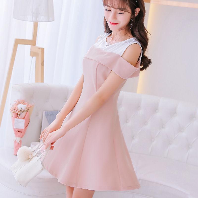 Fashion Summer Off-shoulder Round Neck Dress Stitching Sweet A-line Dress Sleeveless Sundress