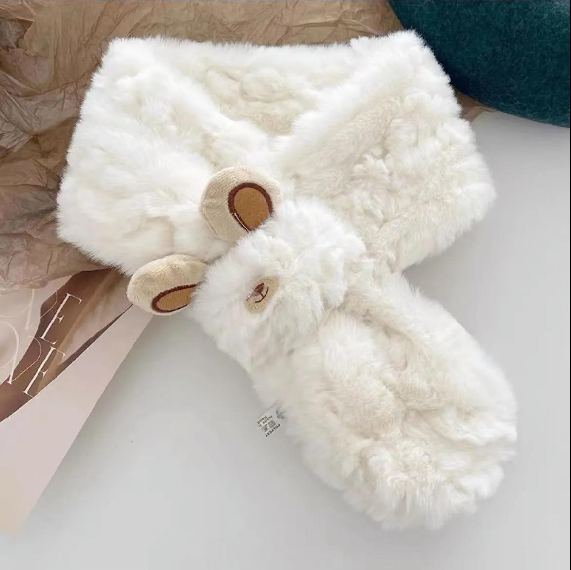 Winter Cartoon Plush Scarf Cute Bear Ears Imitation Rex Rabbit Fur Collar Thick Warm Scarf