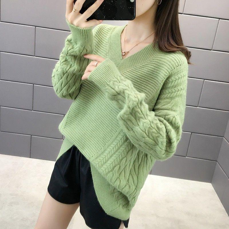 Solid Color Batwing Sleeve V-neck Sweater Autumn and Winter Loose Mid-length Bottoming Shirt