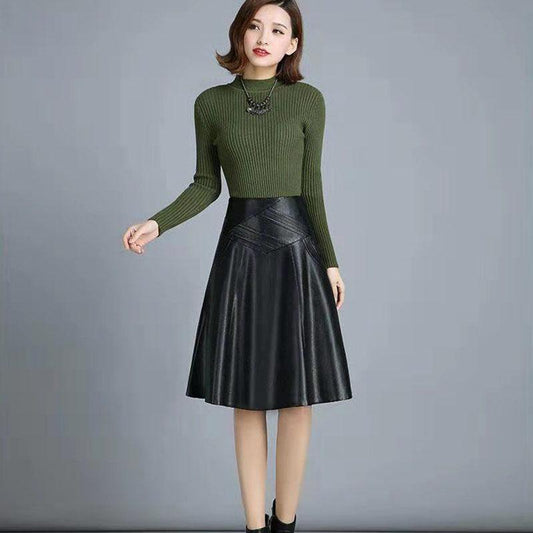 Women PU Leather Skirt Black High Waist  Pleated Skirt Slim Mid-length Plus Size A-line Skirt Autumn Winter