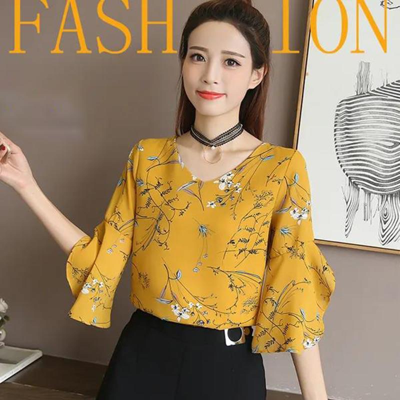 Spring and Summer Floral Chiffon Shirt Women's Shirt Short-sleeved Top Clothes Trumpet Sleeves Thinner Bottoming Shirt Fabric Light and Breathable