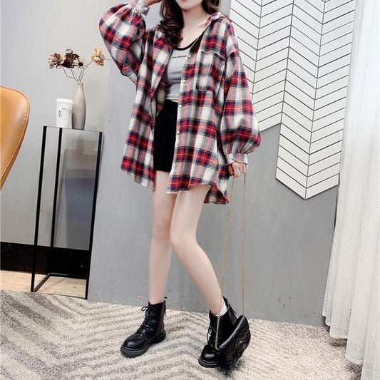 Mid-length Plus Size Plaid Shirt Loose and Thin All-match Long-sleeved Jacket Women's Fabric Is Soft Comfortable and Breathable