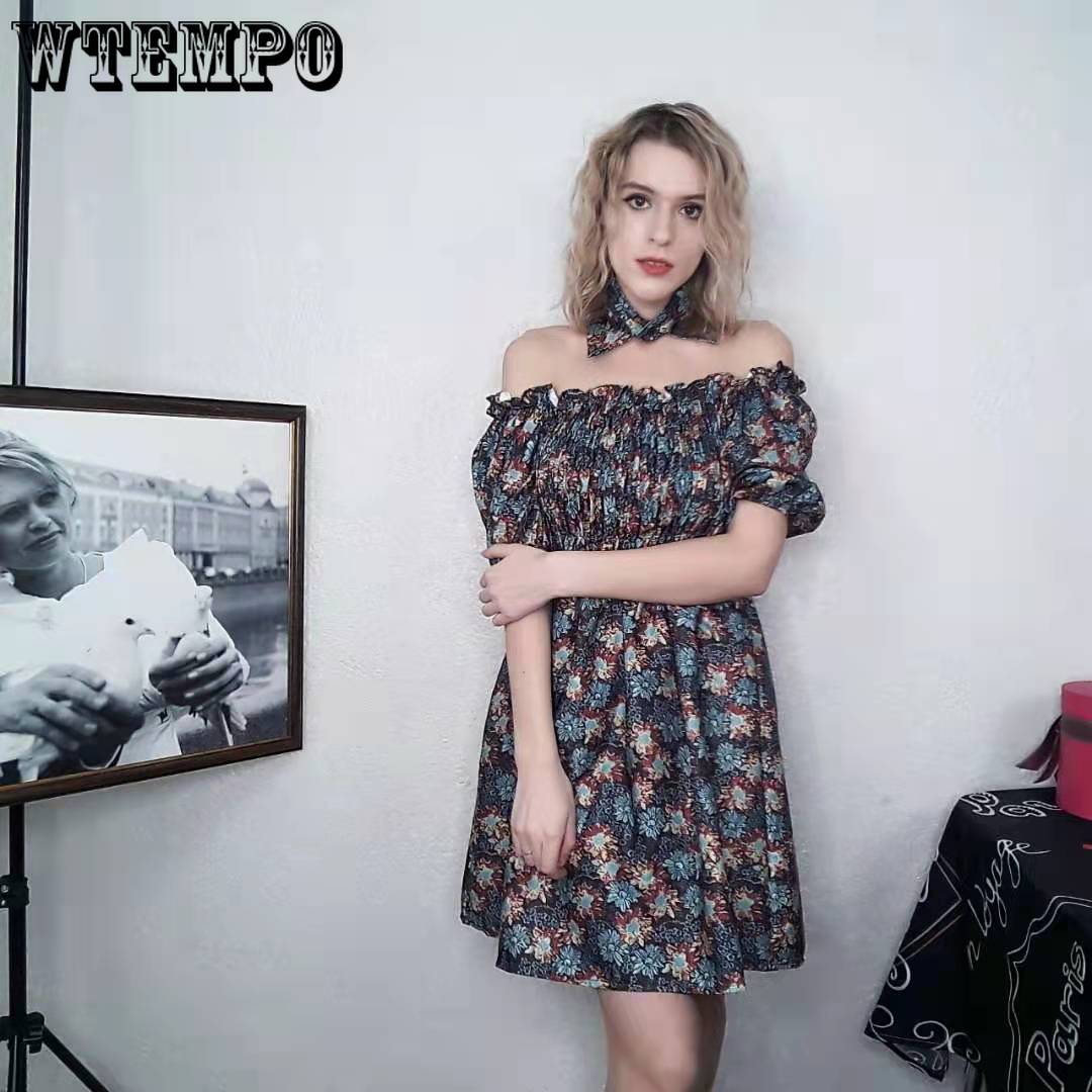 Bohemian Unique Design Woman Summer Retro Floral Dress Elastic Waist Puff Sleeve Pleated Sexy Off-shoulder Party Dress