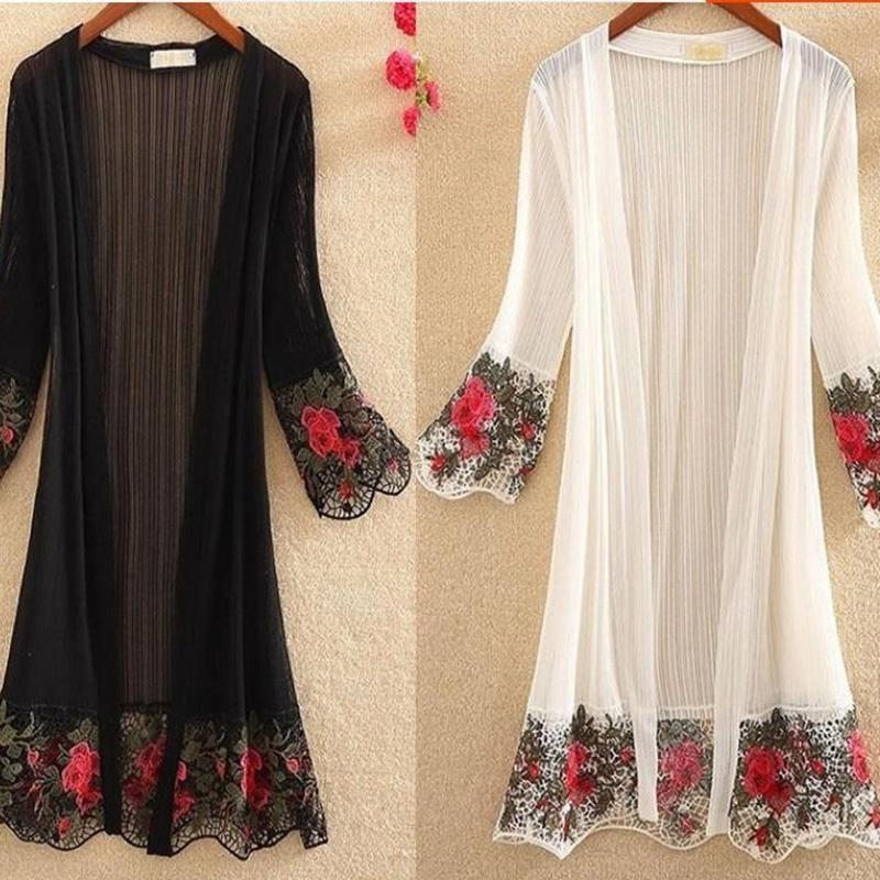 Spring and Summer Plus Size Mid-length Shawl Sexy Lace Cardigan Mesh Air-conditioned Beach Women's Sun Protection Clothing