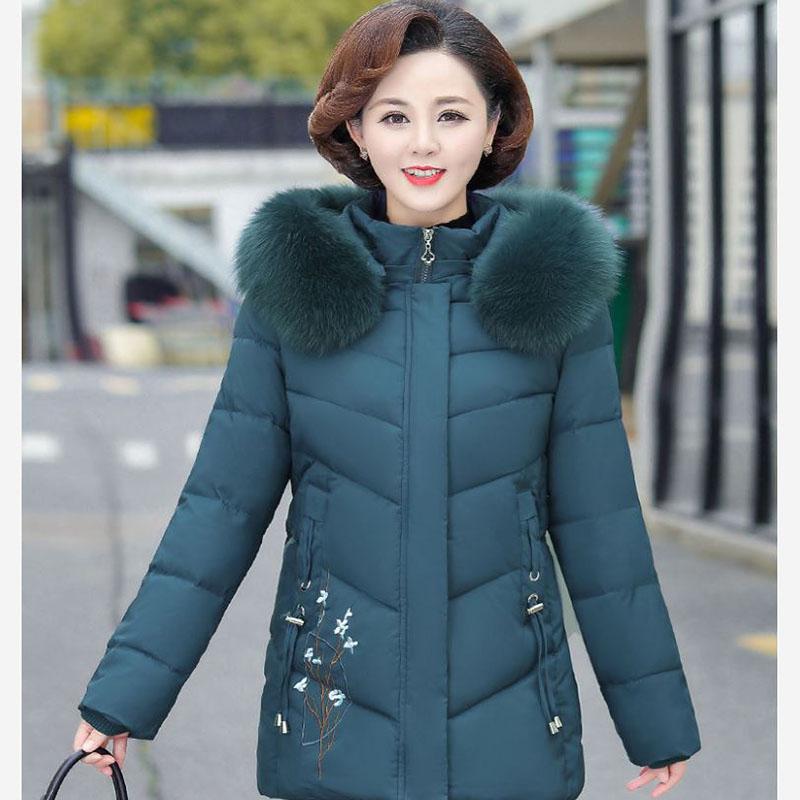 Winter Down Cotton Jacket Fashion Fur Collar Hooded Mid-length Jacket Thick Warm Cotton Jacket Suitable for Middle-aged Women