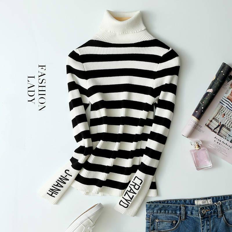 Turtleneck Sweater Women Pullover Stripe Knitted Ribbed Slim Jumper Autumn Winter Female Sweater