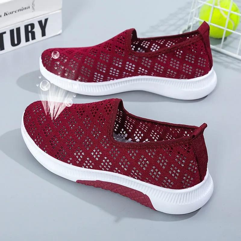 Summer Hollow Out Breathable Slip-on Flat Shoes Women's Fly-woven Mesh Shoes Middle-aged Elderly Non-slip Flat Mesh Shoes