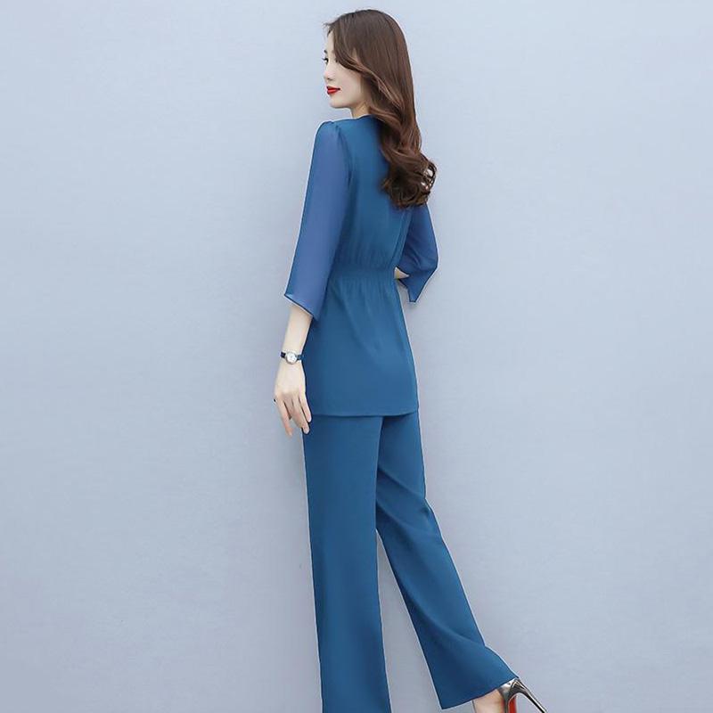 Solid Color Wide-leg Pants Suit Women's Summer Chiffon Temperament Professional Leisure Two-piece Fabric Light and Breathable