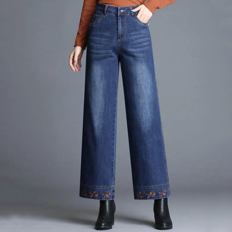 Embroidered Wide-leg Pants, Thin Nine-point Jeans, Women's Middle-aged and Elderly Niche Design Pants, Thin and Versatile Middle-aged Pants