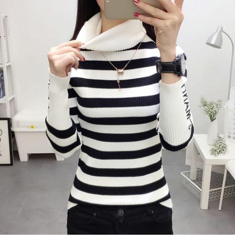 Autumn and Winter Black and White Striped Turtleneck Sweater Slim Sexy Bottoming Shirt Elegant Simple Blouse