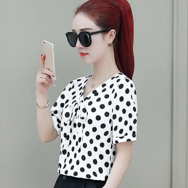 Chiffon Shirt Women's Short-sleeved Loose Top Cover Belly Shirt Shirt Black and White Polka Dot Chiffon Shirt Temperament Elegant Lady Style