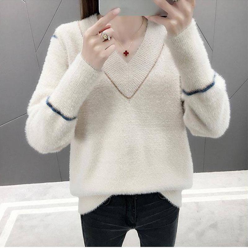 Autumn and Winter Mohair Sweater Loose Casual V-neck Tops Fashion Knitted Women's Bottoming Shirt