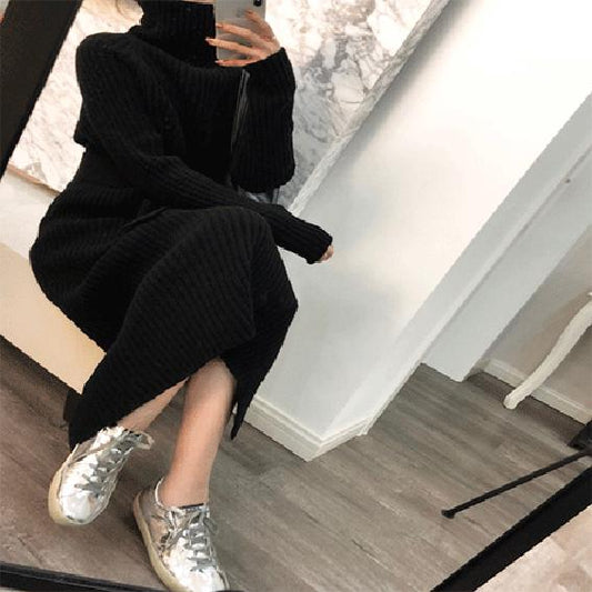 High collar long sweater female autumn and winter loose thick sweater skirt was thin sweater skirt