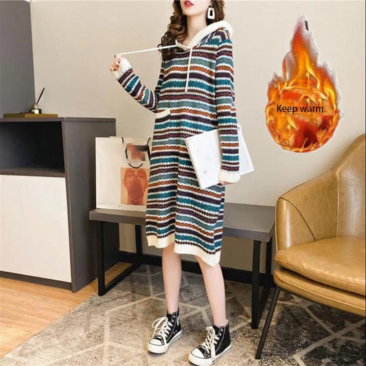 Retro Ethnic Style Striped Mid-length Over-the-knee Sweater Dress Women Loose Long-sleeved Hooded Pullover Knit Jacket