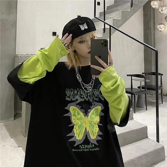 Oversized Loose Long T Harajuku Fake Two-piece Long Sleeve T-shirt Personality Trend Butterfly Long T Punk Harlan Style Clothing