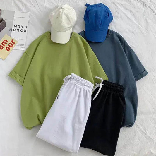 Short-sleeved Suit Solid Color Short-sleeved + Shorts Two-piece Summer Half-sleeved T-shirt Large Size Student Casual Five-point Pants Sports Suit