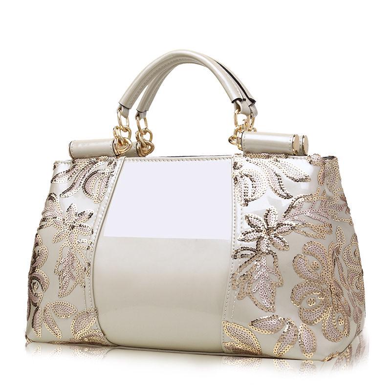 Women Embroidery Handbag Female Shoulder Bags Patent Leather Vintage Flowers Women Top-handle Tote