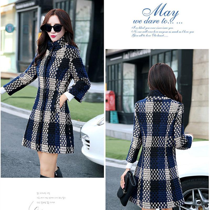 Women's Woolen Coat Winter Autumn  Winter Mid-length Slim-fit Large Size Plaid Coat Stand Up Collar Tweed Jacket