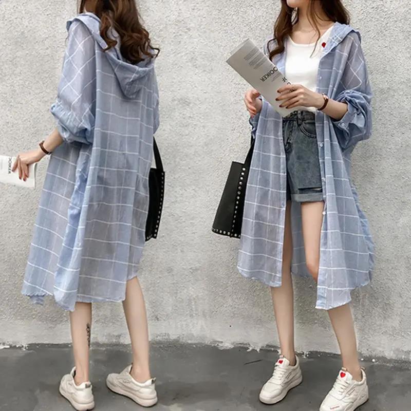 Loose Hooded Long-sleeved Plaid Shirt Women's Hooded Mid-length Sun Protection Clothing Cardigan Casual Jacket Thin Section Loose and Breathable