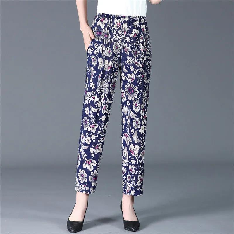 XL-5XL Women's Spring and Summer Elastic Waist Wide Leg Printed Casual Pants Female Plus Size Loose Simple Thin Cropped Pants