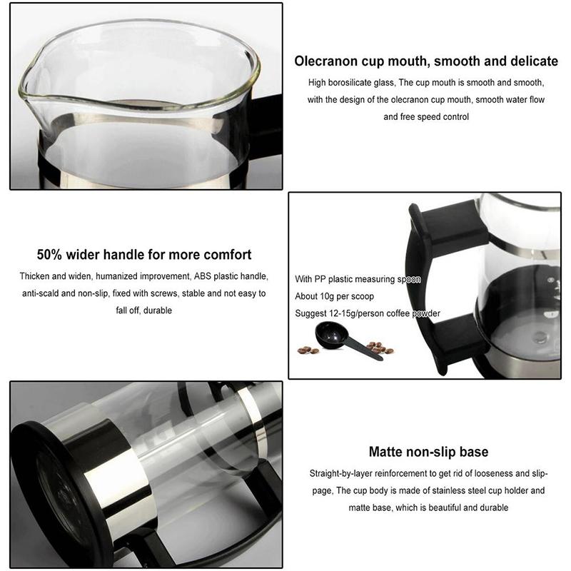 350ml/600ml French Press Glass Coffee Maker Kettle Manual Glass Tea Pot with Handle Espresso Maker Cafetiere with Filter