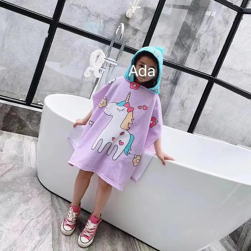 Beach Poncho Child Gym Sports Unicorn Shark Hooded Bathrobe Kids Children Swimming Towel Quick Dry Microfiber Bath Surf Towels