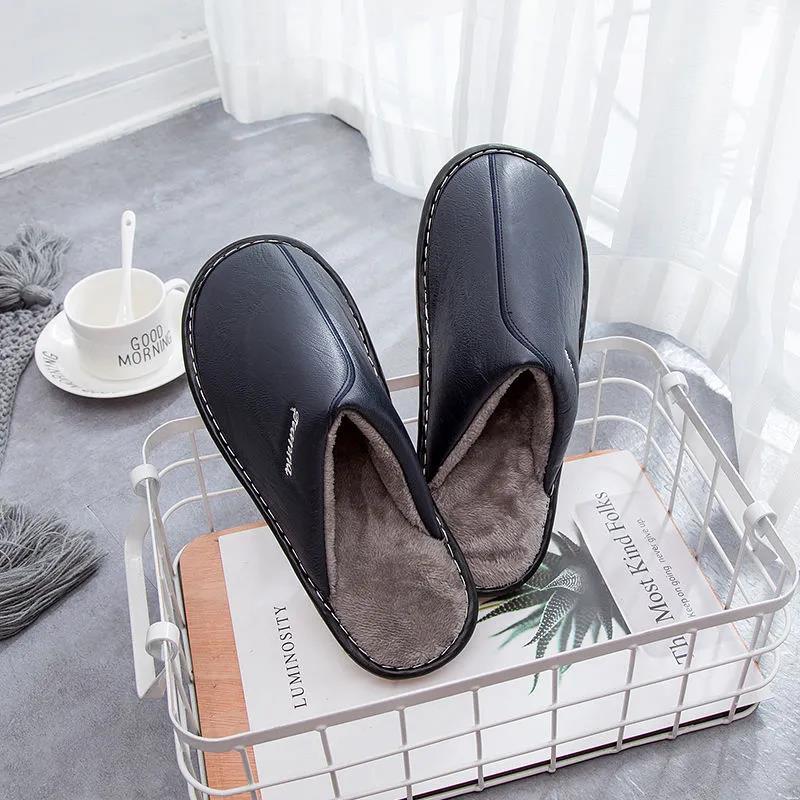 Women's Slippers Leather Winter Windproof Warm Plush Slippers for Men Indoor Bedroom Couple Lovers Flat Non-slip House Shoes