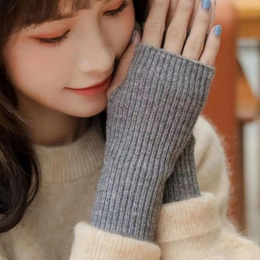 Women's Autumn Winter Plus Velvet Gloves Simple Thickening Warm Half-finger Knitted Gloves Solid Color Elastic Writing Sleeves Wristband Warm Mittens