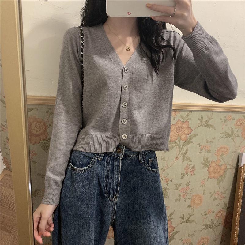 Spring and Autumn Style V-neck Cardigan Jacket Long Sleeve Thin Slim Sweater Short Sleeve Sweater Women Trendy