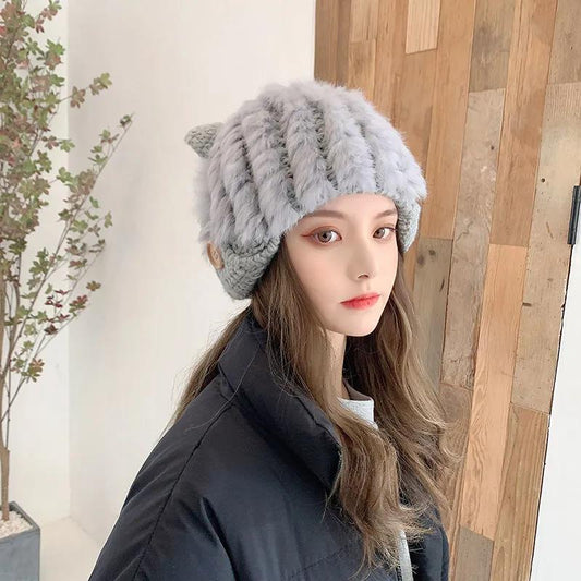 Korean Version of The Rabbit Fur Hat Female Sweet and Cute Cat Ears Wool Hat Japanese Autumn and Winter Knitted Hat