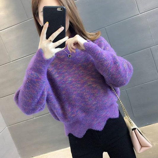 Autumn Winter Korean Knitwear Women Knit Pullover Sweater Tops High-neck Thick Mohair Colorful Rainbow Sweater Outwear