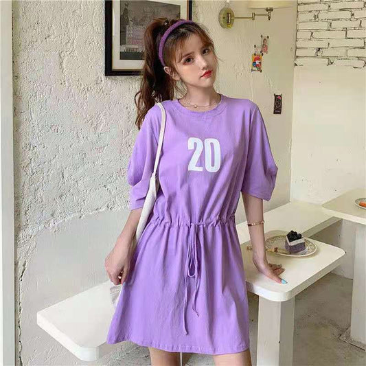 T-shirt Dress Mid-length Women's Summer Waist Waist Was Thinner Drawstring Loose Leisure Sports Style Short Dress