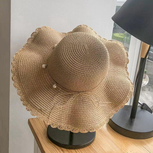 Women's Summer Pearl Wavy Straw Cap Wide Brim Hat Sunscreen Sun Hat Anti-ultraviolet Sun Cap Large Edge Beach Hat