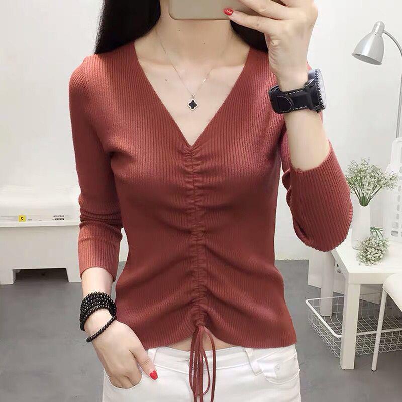 All-match Autumn and Winter V-neck Woolen Sweater Slim Slimming Long-sleeved Knitted Bottoming Shirt Top Pullover Sweater Women