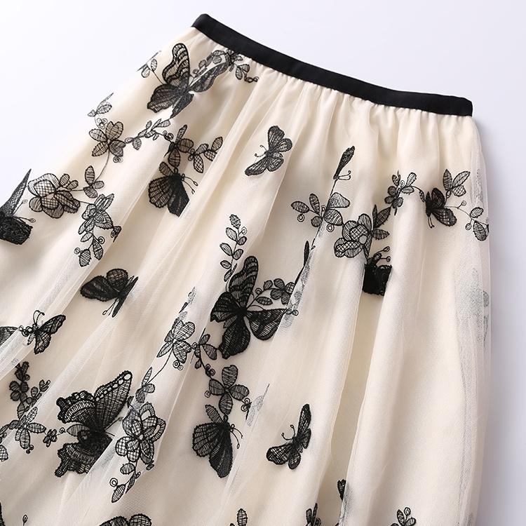 Butterfly embroidery Women Chiffon Skirt Mid-length A-line Skirt Plus Size Fairy Skirt Summer Ruffled Elastic Waist Sandy Beach Vacation Daily