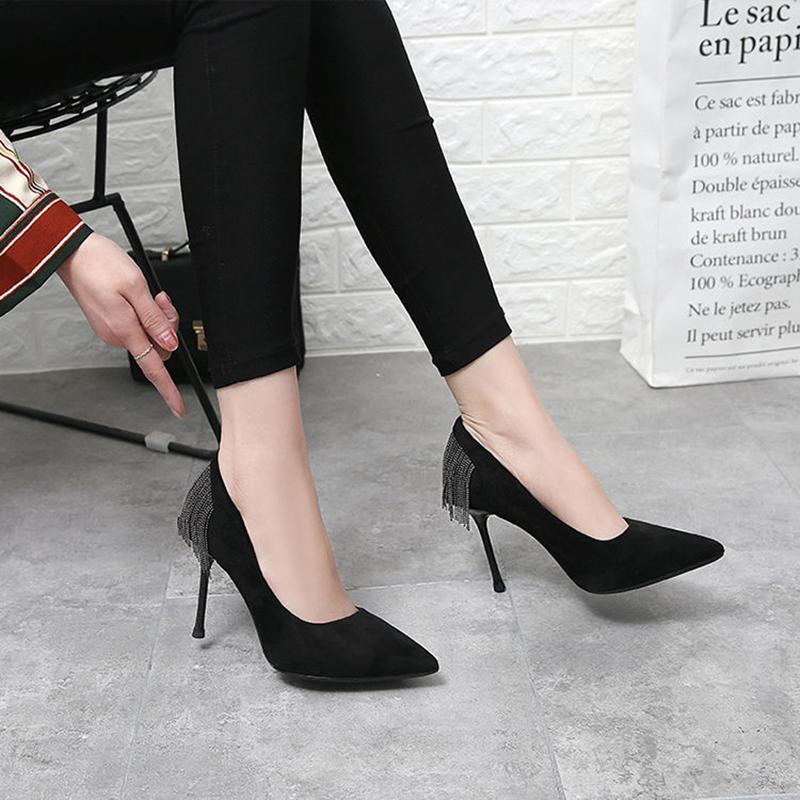 Pointed High Heels Female Spring and Summer Stiletto French Girl Sexy Black High Heels with Fringed Fringe