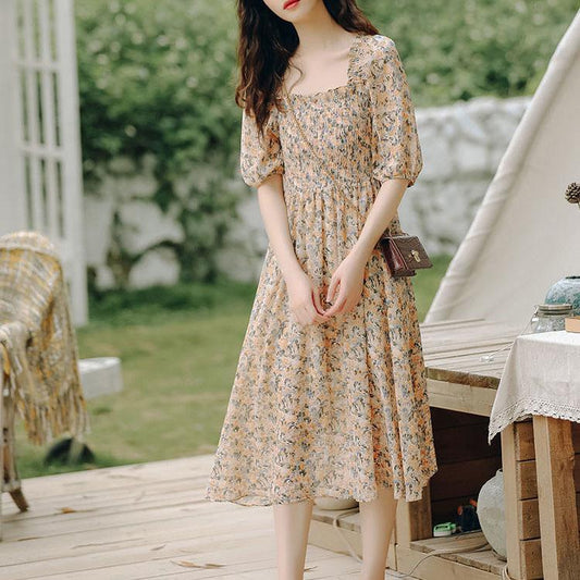 Female Vintage High Waist Super Fairy Holiday Dress Elegant Slim Chiffon Floral Print Pleated Dress