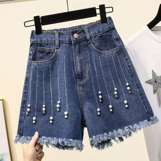 Women's Summer Large Size Pearl Raw Edge A-line Wide-leg Pants Denim Shorts Elastic Waist Casual Bead Shorts