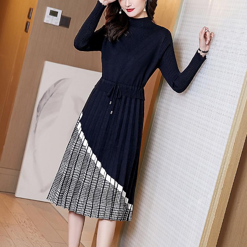 Sweater Dress Women Mid-length Winter Slim A-line Skirt with Coat Over The Knee Half High Collar Dress