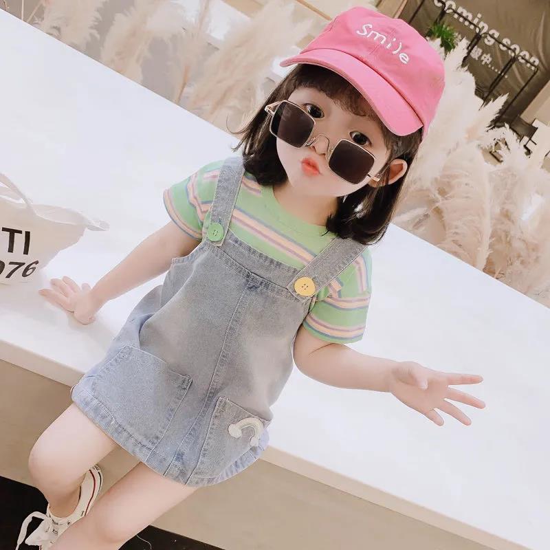 2PCS Children Clothing Set Spring Summer Girls Suits Printing Short Sleeve Stripe Tops + Suspender Skirt Clothing Set