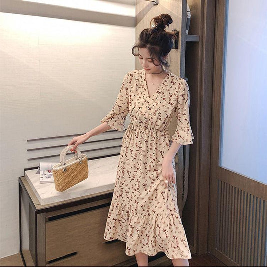 Women Summer V Neck Vintage Boho Long Maxi Floral National Chiffon Dress Party Beach Dress