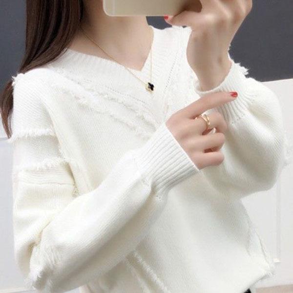 Spring and Autumn V-neck Sweater Pullover Solid Color Long-sleeved Casual Jacket Loose Young Women's Bottoming Shirt