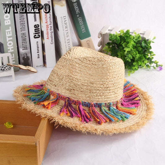 WTEMPO Sun Hats Women's Beach Hat Tassel Large Brim Sun Hat Floppy Raffia Straw Hat Women Summer Cap