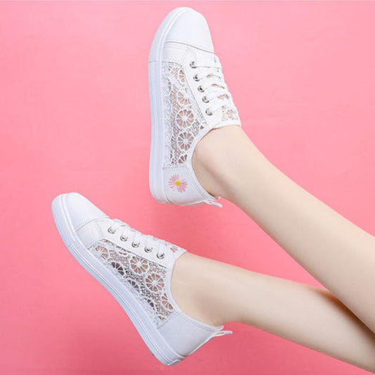 Sandals for Schoolgirls Summer Mesh All-match Flat-bottomed Lace Toe Canvas Shoes Women's Outer Wear Single