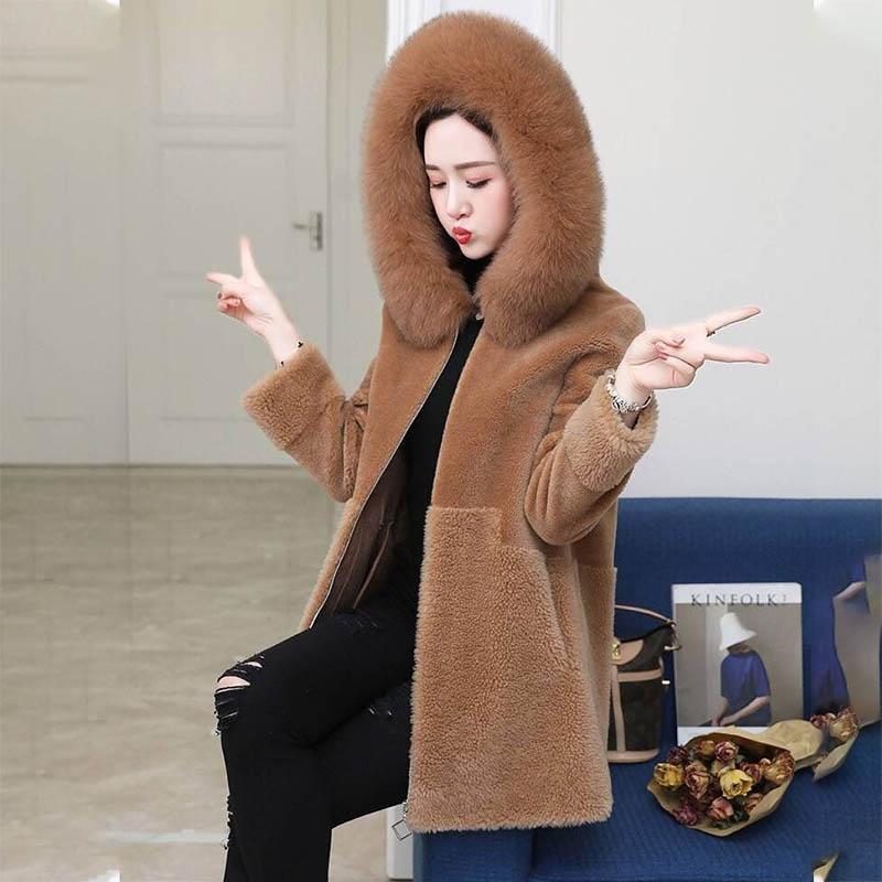 Fur Fox Fur Collar Jacket Female Grain Wool Sheep Shearing Fleece Autumn and Winter Warm Hooded Thick Plus Cotton Loose Top