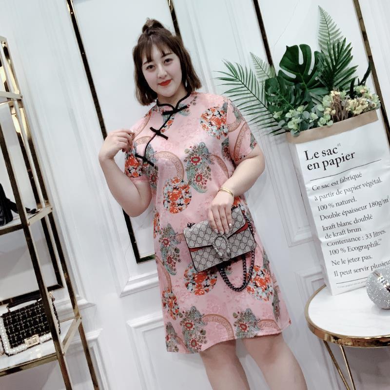 115 Kg Plus Size Women's Summer Dress Fat Sister Retro Temperament Loose and Thin Cheongsam Skirt Dress