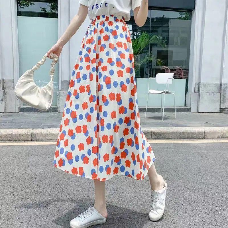 Women Skirts Female Summer Casual A-line Skirt Thin Elastic High Waist Skirts Vintage Loose Long Chiffon Floral Skirt